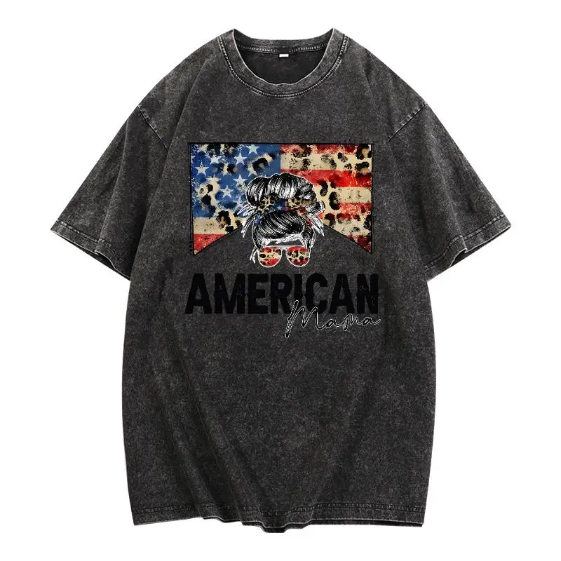 

American Mama T-Shirt, Women's Vintage Washed Loose Top, Messy Bun American Flag Leopard Print, Funny Summer Short Sleeve Blouse