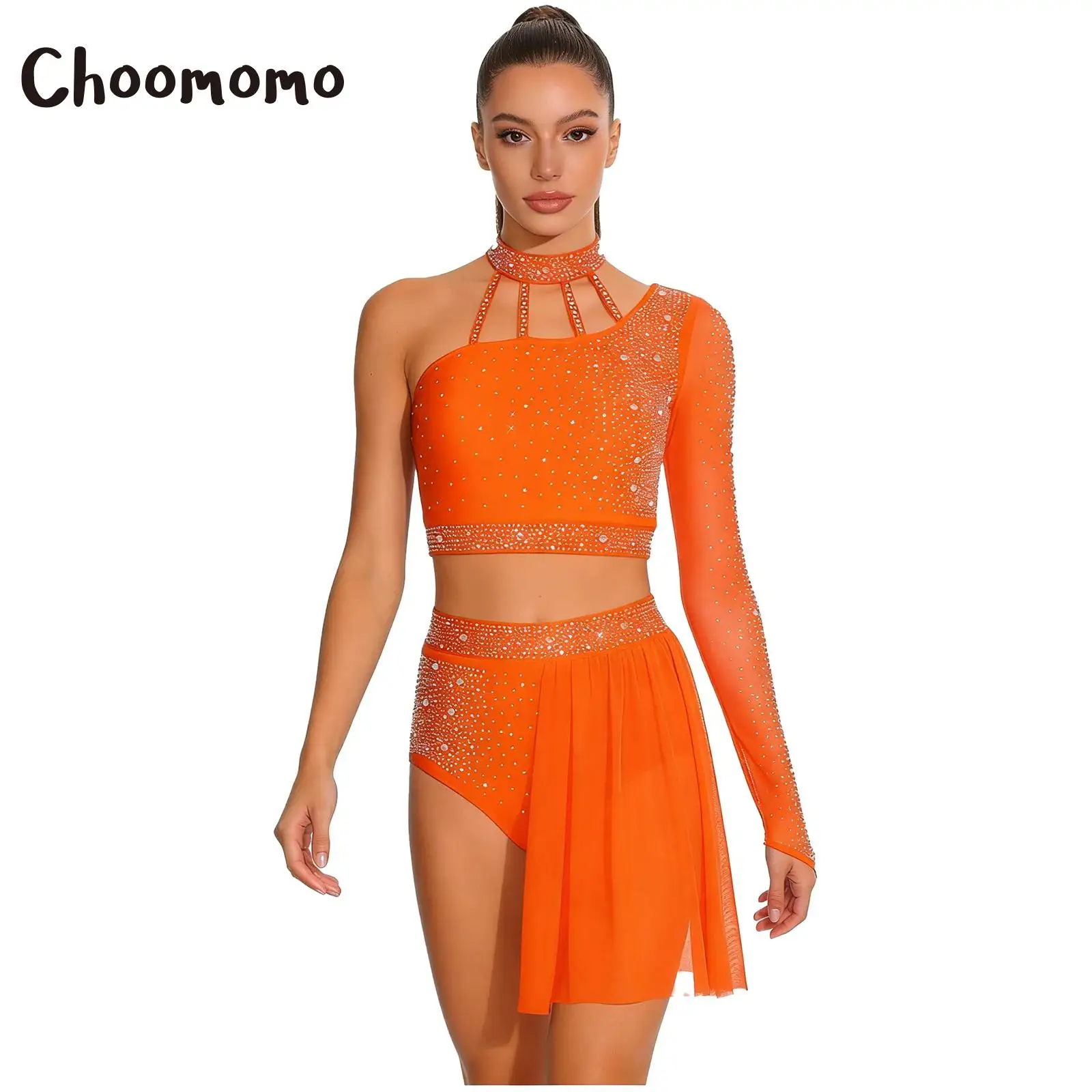 

Women Modern Ballet Dance Outfit One Shoulder Sheer Mesh Rhinestone Crop Top with Irregular Skirt Shorts Gymnastic Latin Costume