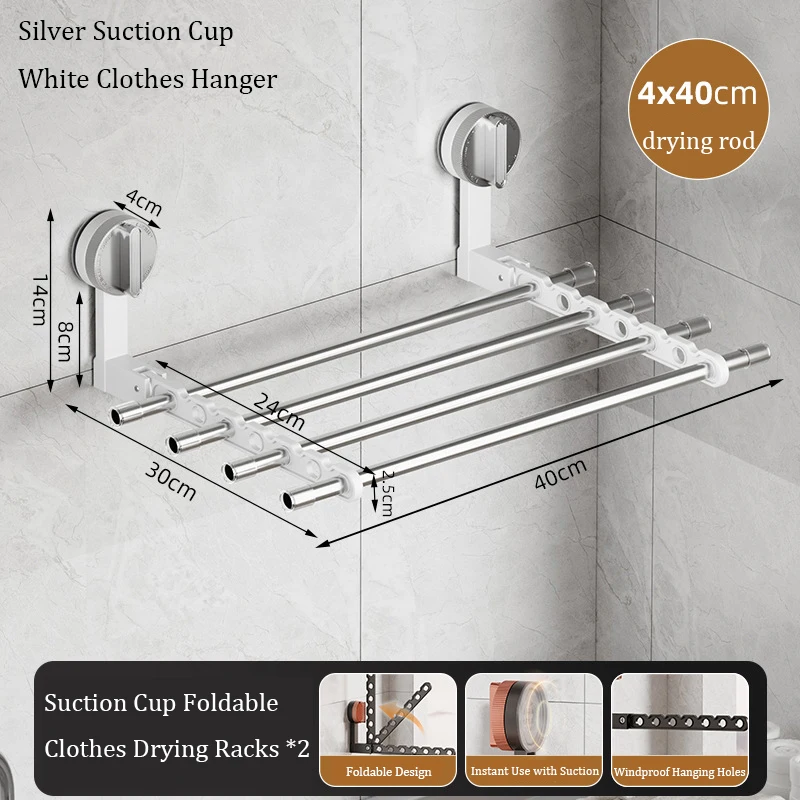 Wall Mounted Suction Cup Folding Clothes Drying Rack With Hanging Rod Home Bathroom Balcony Laundry Shelf Retractable Organizer