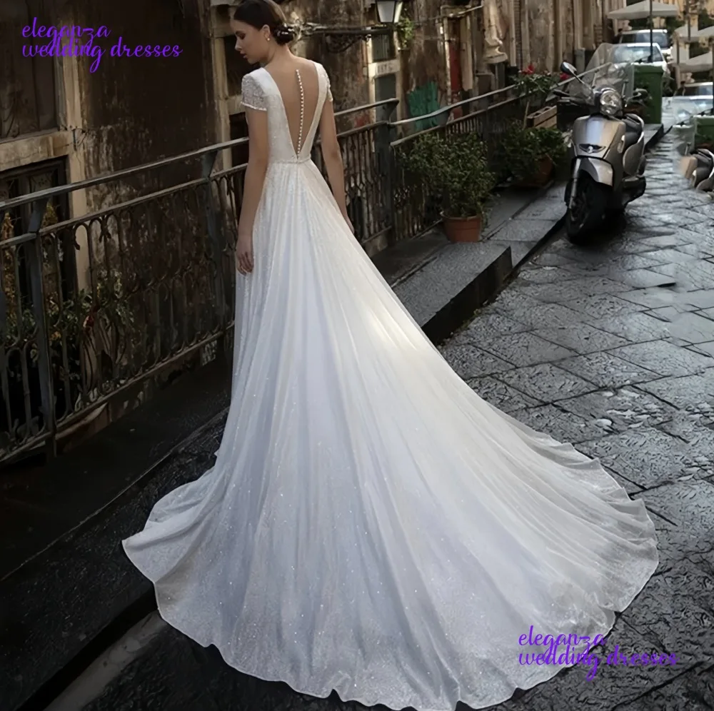 Customized Sparkle Wedding Dress V-Neck Boho Tassel A-Line Bride Gown Tulle Illusion Buttons Vestido De Novia 2025