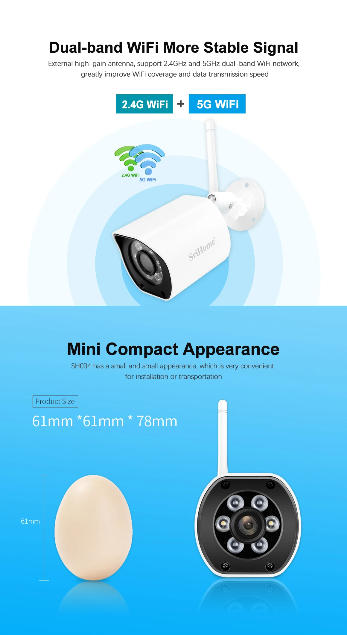 Srihome  SH034 5MP UHD 2.4G&5G Dual Band Outdoor Water-proof WIFI IP Bullet Camera WDR Color Night Vision AI Humanoid  Monitor