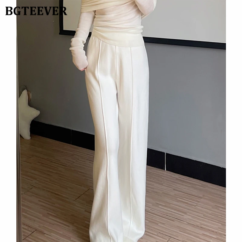 BGTEEVER Stylish High Waist Lace-up Women Knitted Wide Leg Trousers Autumn Winter Casual Loose Female Drawstring Sweater Pants