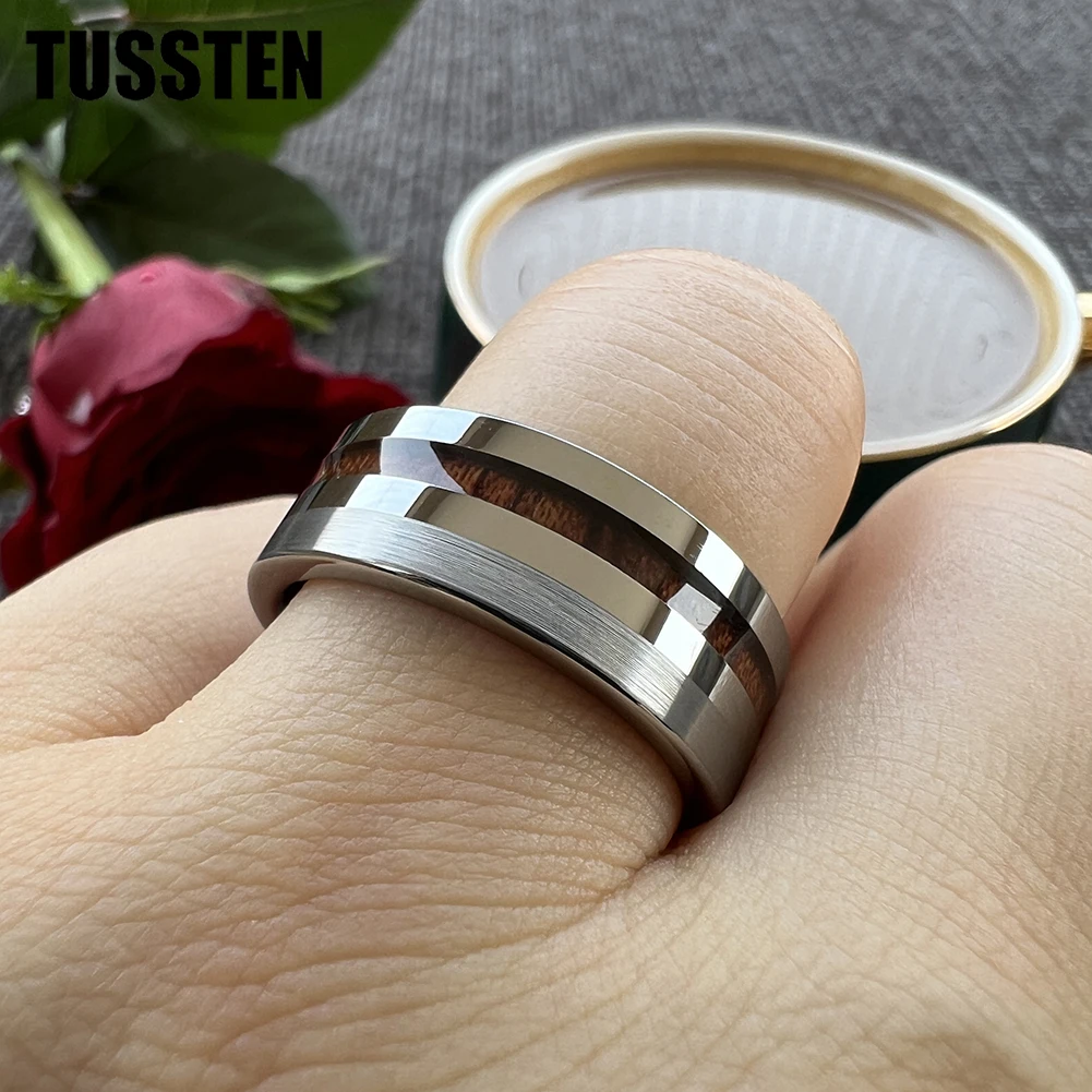 Dropshipping  TUSSTEN 6/8MM Men Women Tungsten Carbide Wedding Band Ring With Offset Groove Real Wood Inlay