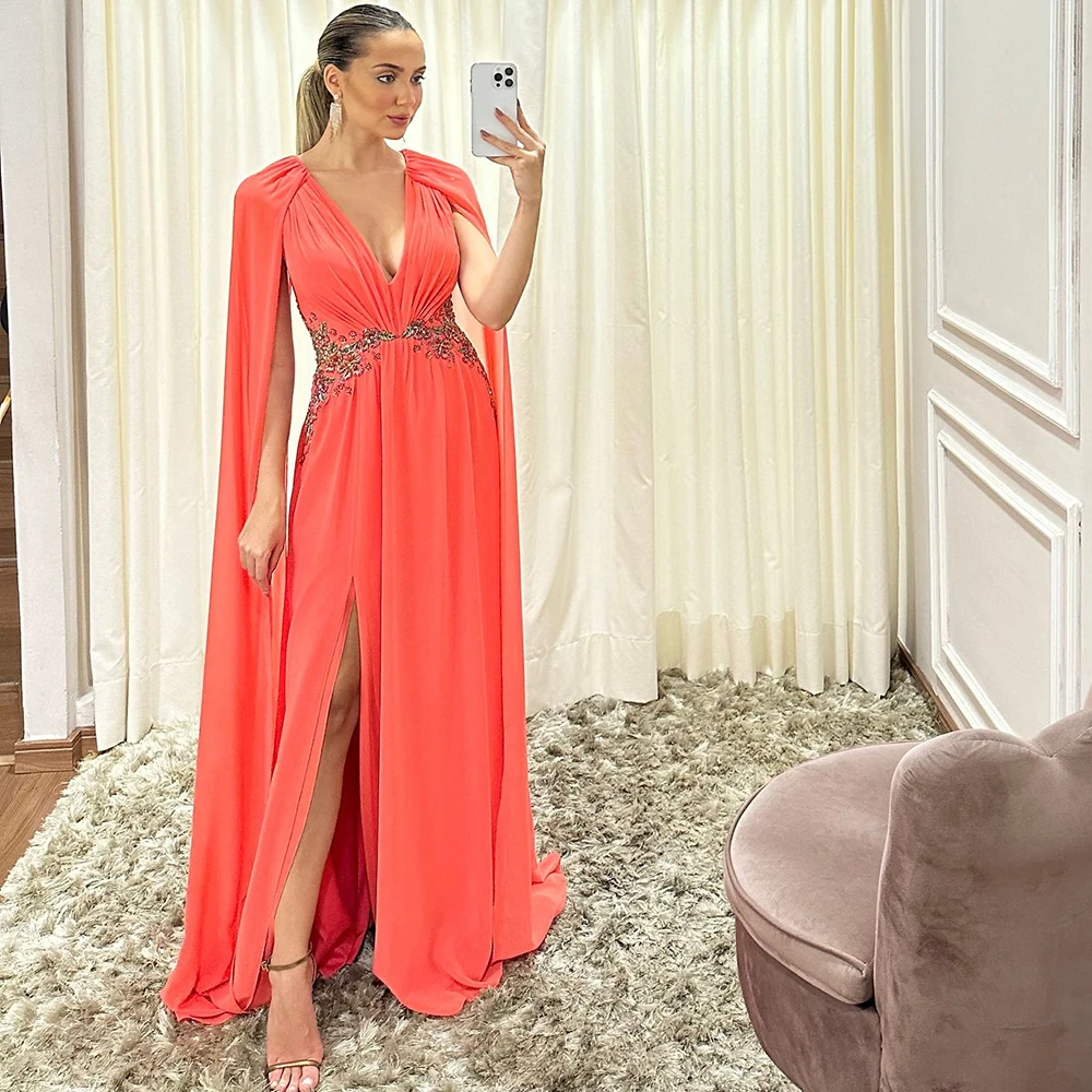 New Arrival Coral Mother of the Bride Dresses Arabic Mother Gowns 2024 Side Slit V Neck Wedding Party Dresses Muslim Appliqued