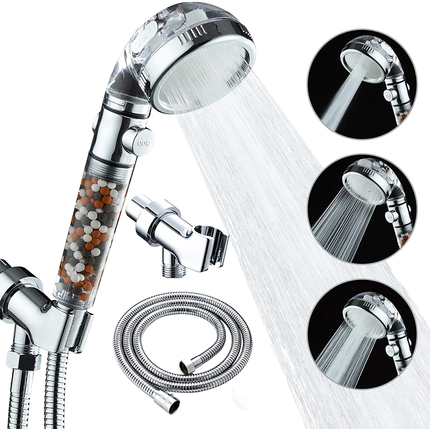 3 Modes Shower Head High Pressure Water Saving with Stop Button Ionic Mineral Anion Stones Showerheads Bathroom Accessories