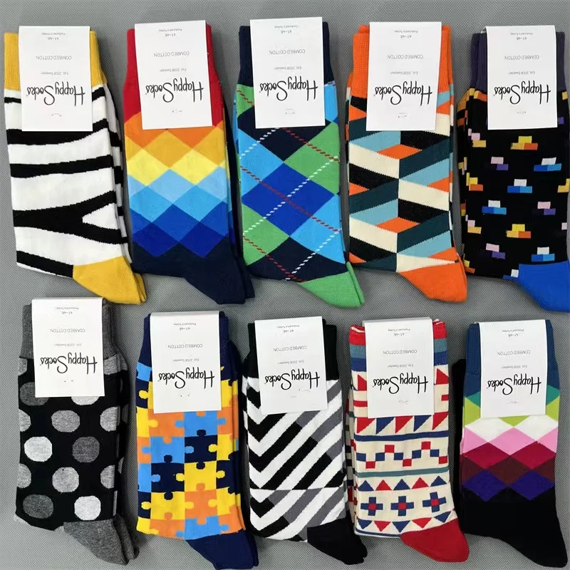 Happy Socks Men\'s Diamond Check Socks Four Seasons Pure Cotton Geometric Pattern Sports Socks Size 41-46