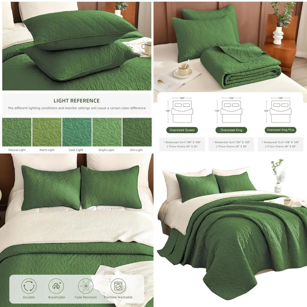 Juego de edredón extragrande tamaño king verde oliva, colcha con estampado de hojas de 3 piezas, estilo granja suave y liviano