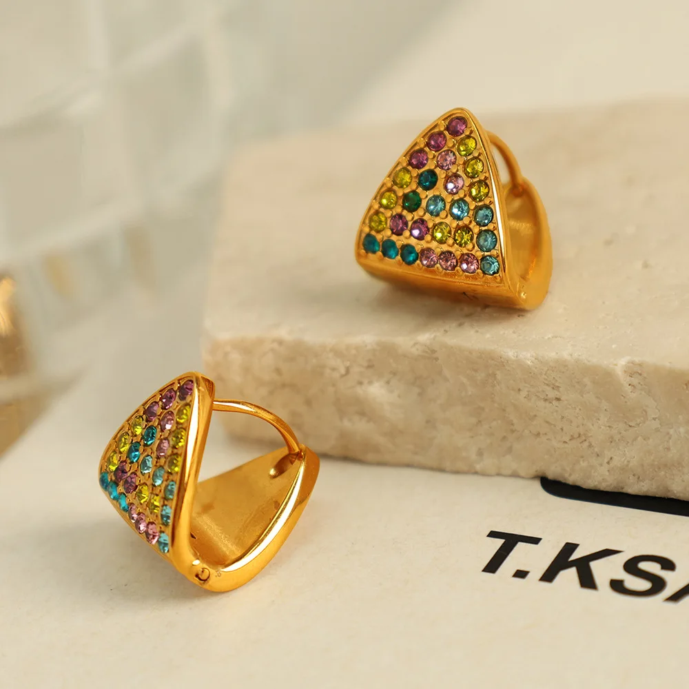 Keen-on Exquisite Colorful Rhinestone Triangle Double Sided Earrings for Women Stainless Steel Temperament Jewelry Gift