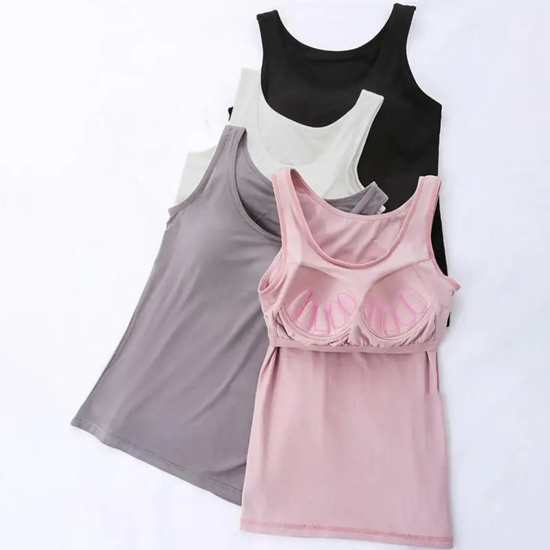 Women's Vest Tops With Built In Bra Neck Vest Padded Slim Fit Tank Tops Sexy Shirts Female Casual Underlay