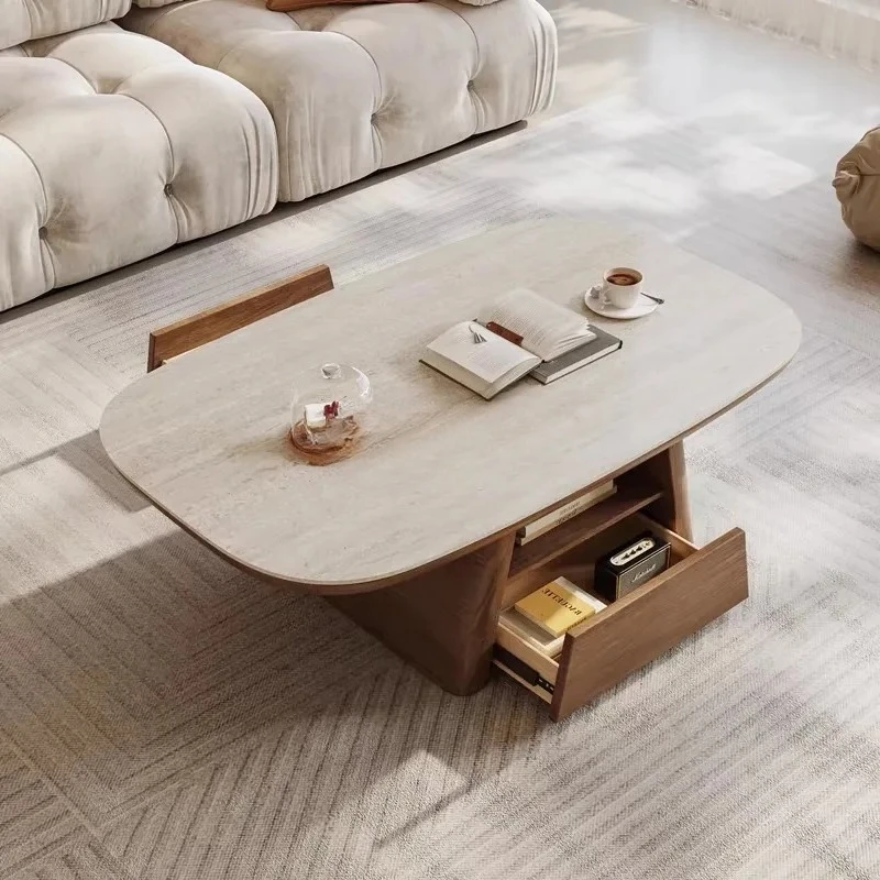 

Walnut grain travertine rock slab coffee table