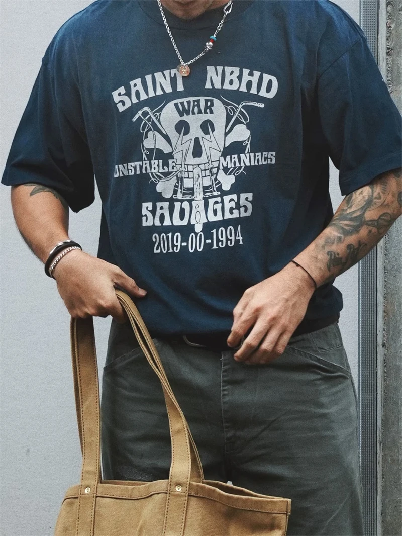 Summer SAINT Skull Printed Vintage Washed Short Sleeved High Street Loose Cotton Comfortable Breathable Oversize T-shirt Men