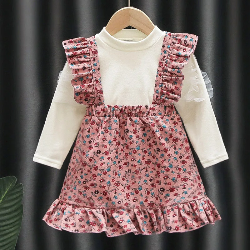 

Two-Piece Girl Dress Set Sweatshirt Blouse Top+Strap Skirt 2Pcs Girl Suit Baby Clothes Flower Ruffle Sleeve Princess Dress A1326