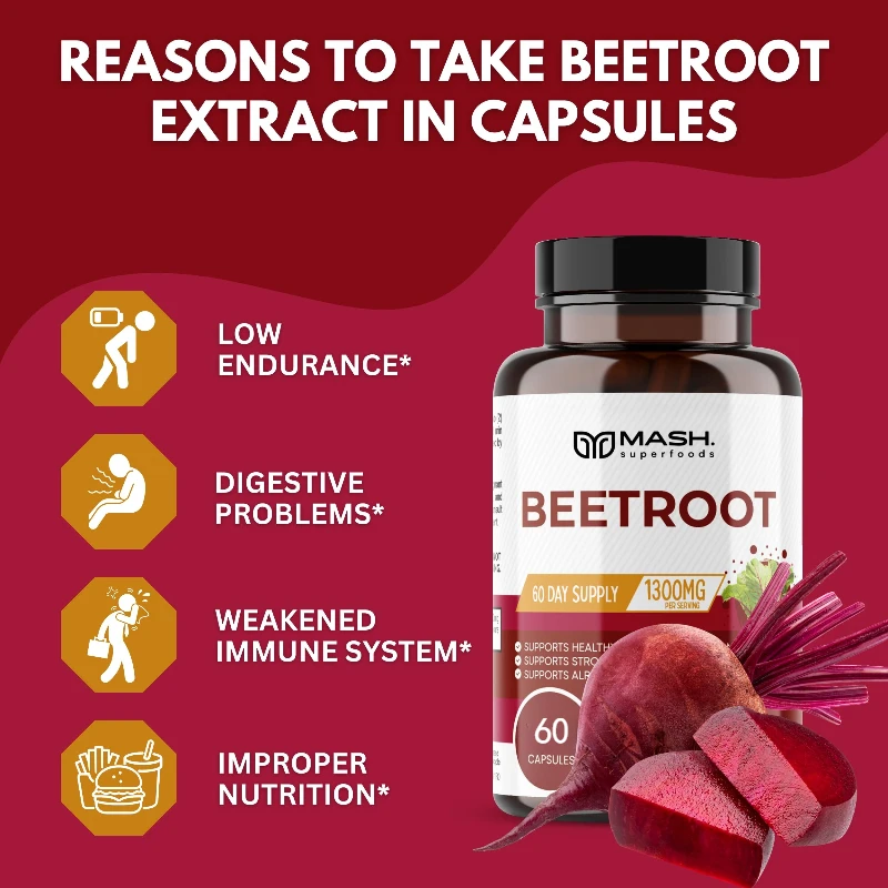 Beetroot Capsules Organic Beetroot Powder Extract + Black Pepper Nitric Oxide Production Blood Circulation Blood Pressure Health
