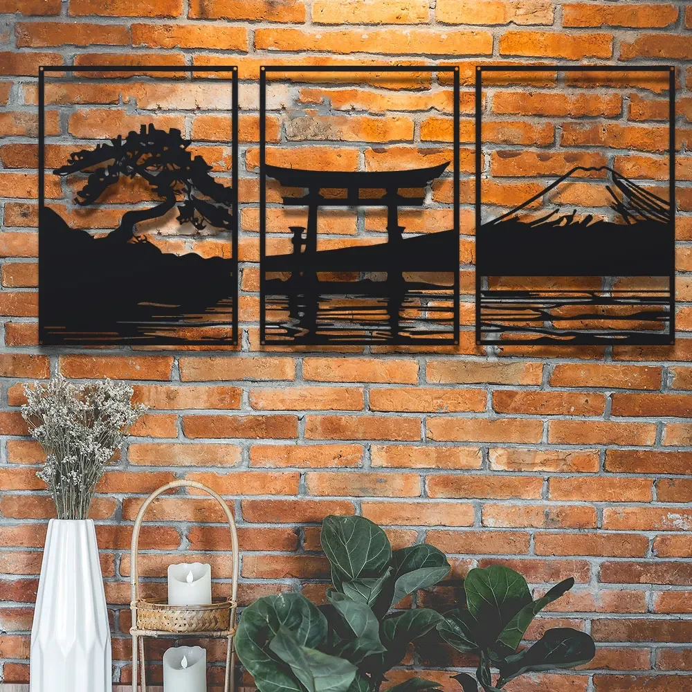 1pc torii gate, and majestic Mt. Fuji in elegant, minimalist black-and-white silhouettes a 3-piece set featuring serene bonsai