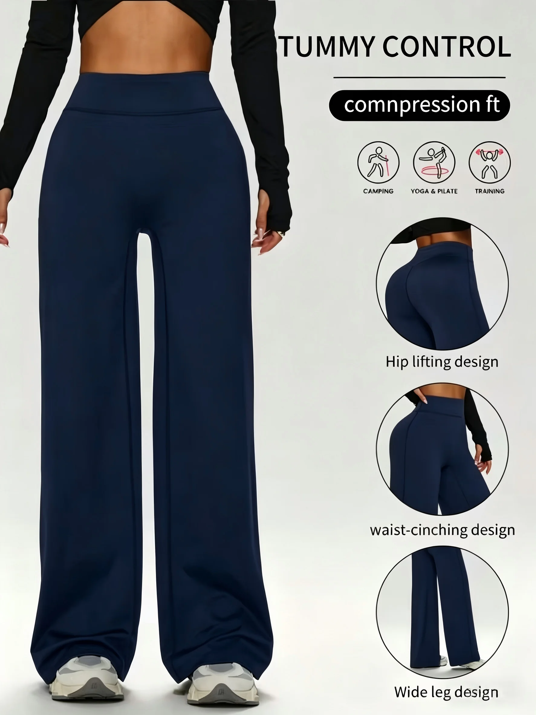 Women's Tummy Control Wide Leg Yoga Pants, Casual Loose Straight Leg Compression Fitness Trousers