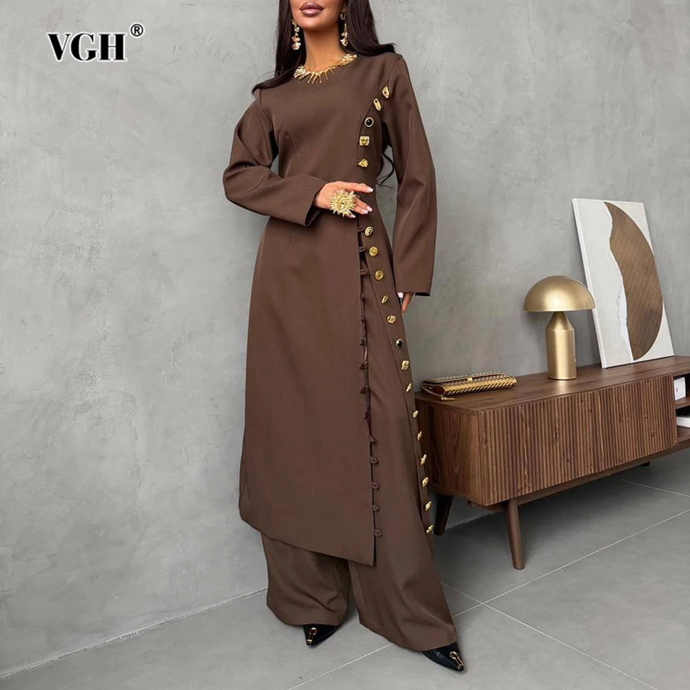 

VGH Office Elegant Long Dresses for Women Round Neck Long Sleeve High Waist Spliced Buttons Split Temperament Slim Dress Female