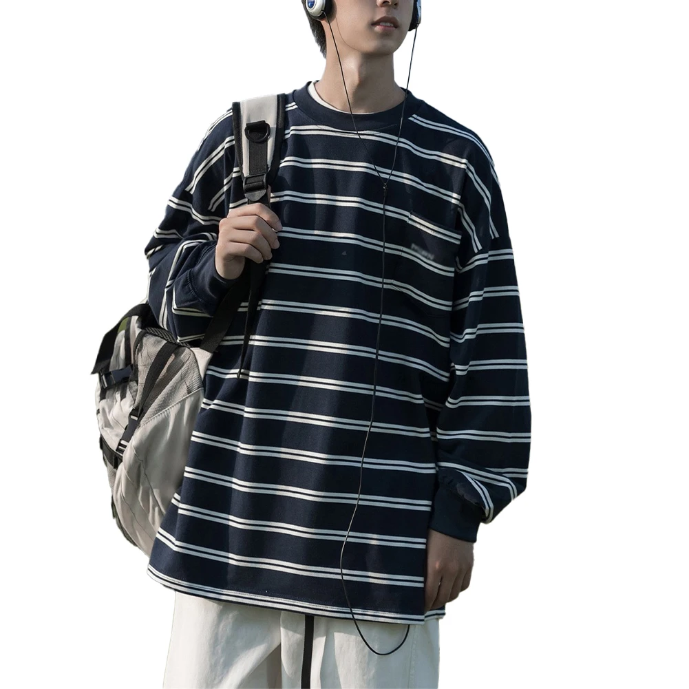 

Casual Stripe Top Korean Style T-shirt Weekend Outing Black And White T-shirt Men Loose Fit Brand New Condition