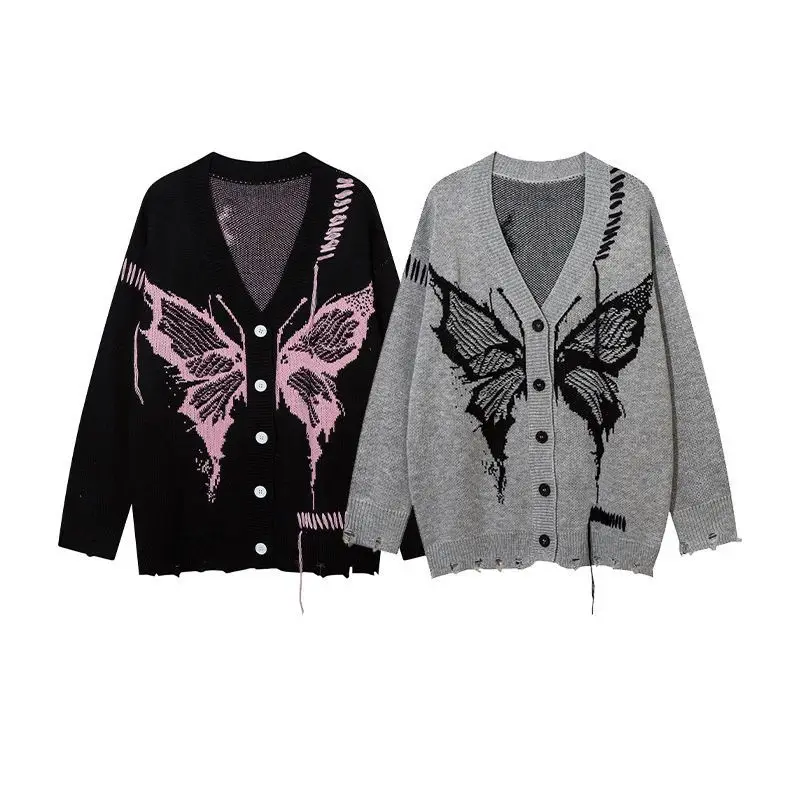 

Women V neck Fashion Dark Butterfly Jacquard Knitted Cardigan Jacket 2024 Women's Autumn Winter New Loose Lazy Sweater