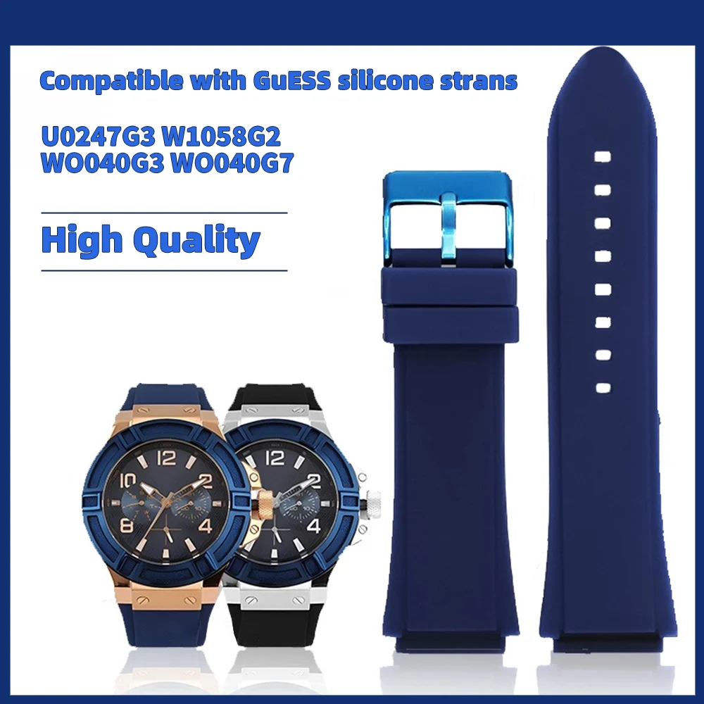 Soft Silicone Strap for Guess W0247G3 W0040G3 W0040G7 Blue Stainless Steel Buckle Sport Waterproof 22mm Men Replace Watch Band