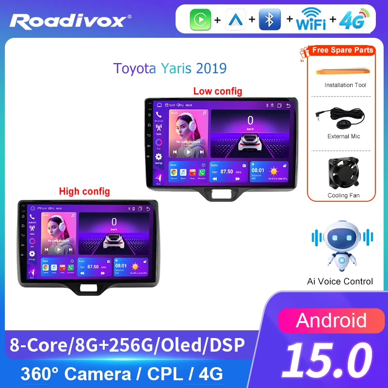 AI VOICE roadivox Android car radio for Toyota Yaris 2019 stereo GPS Navigation video Multimedia Player tape recorder
