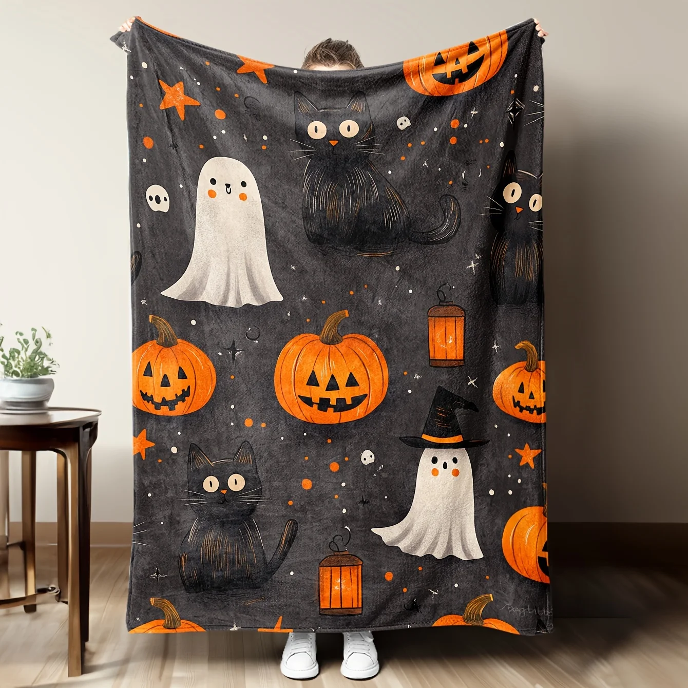 Whimsical Halloween Throw Blanket Cozy Fall Decor Cute Ghost Cat Pumpkin Spooky Autumn Seasonal Gift for Couch and Bed