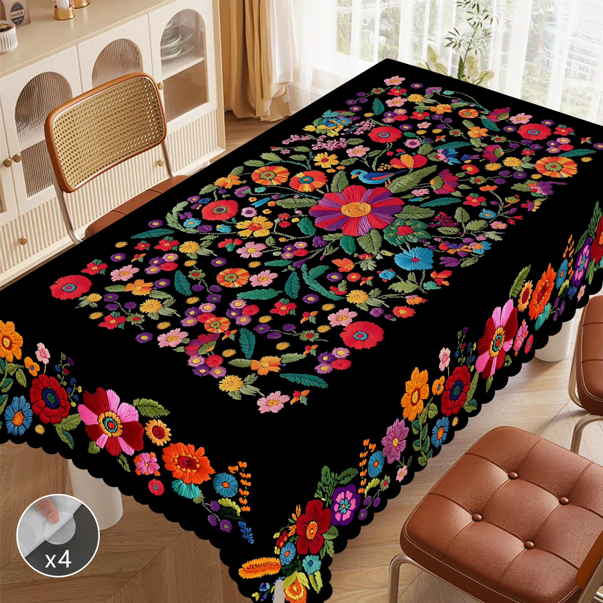 1 Piece, Vibrant Mexican Style Colorfulful Flower Tablecloth + 4 Pieces of Self-Adhesive, Flower Pattern, 2D Flat Printing, Embossed Edge, Suitable for Home Kitchen Room Decoration, Party Holiday Decoration Tablecloth, Perfect Gift, Spring, Summer and Autumn Decoration Tablecloth, Perfect for Indoor/Outdoor Dining, Picnic and Home Decoration, Carnival Festival, May Friday Decorative Tablecloth,亡灵 Decoration-Oo-077