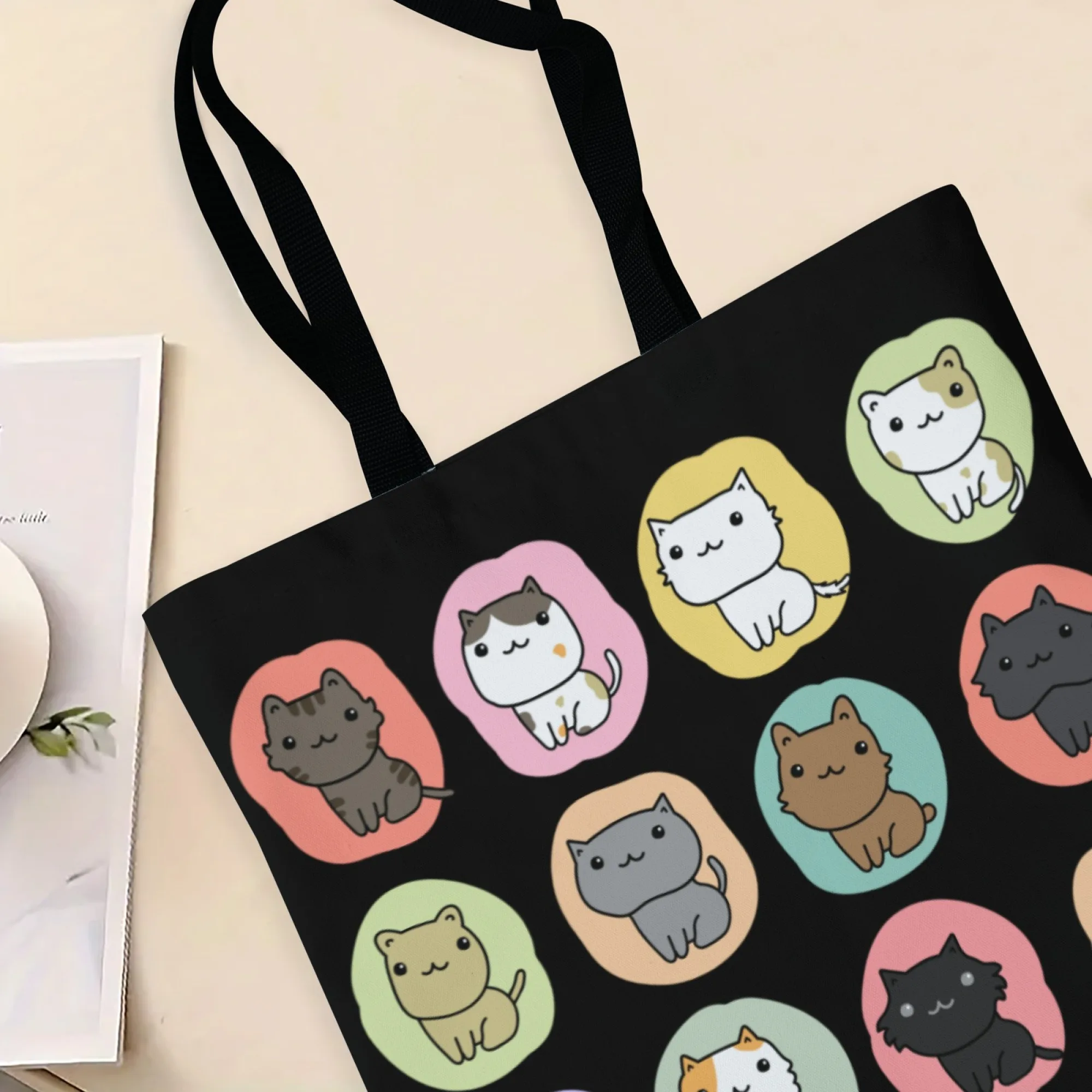 Bolsa tote de lona de gato kawaii coreano, estampa de gato preto para mulheres, bolsa reutilizável de moda, perfeita para viagens diárias estéticas fofas