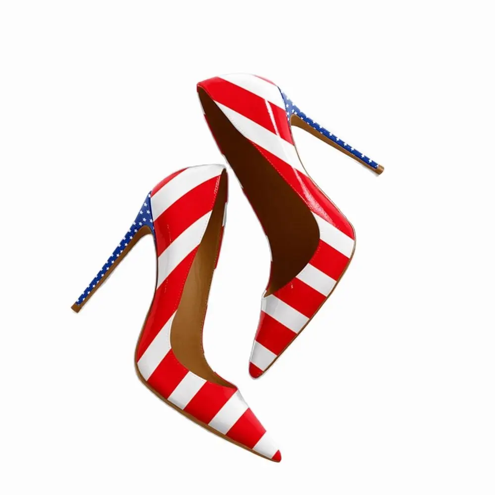 American Flag Prints Thin Heels Shoes Pointed Toe Patent Leather Women Shoes Slip On Pumps Shallow Party Fashion Shoes