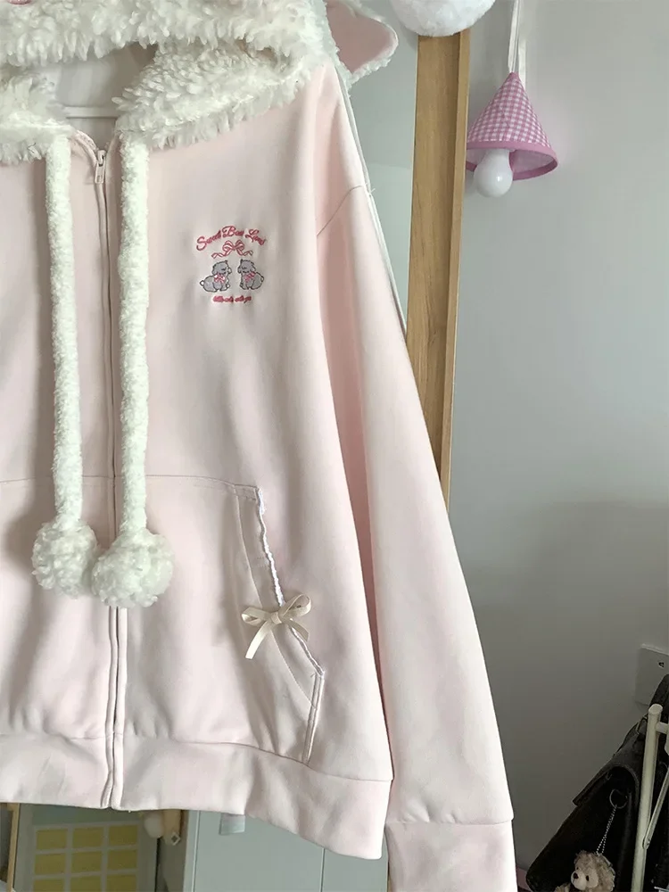 Harajuku الحلو Kawaii معطف فضفاض كم طويل مع مقنع المرأة اليابانية لطيف سستة بلوزات عادية Y2k سترة معطف أنيق