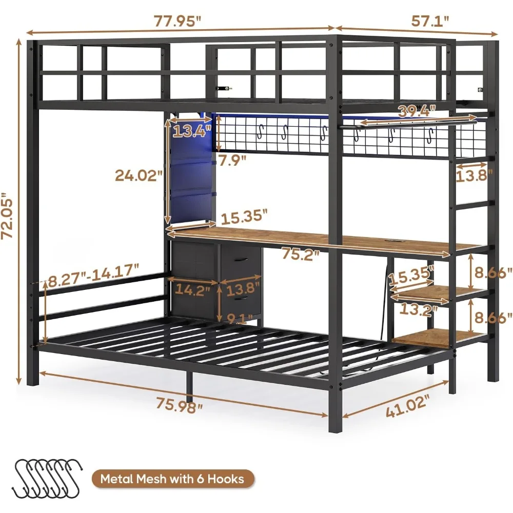 Full Over Twin Bunk Bed with Desk and Charging Station,  Led Lights & Storage Shelves, Drawers, Safety Guard & Ladder