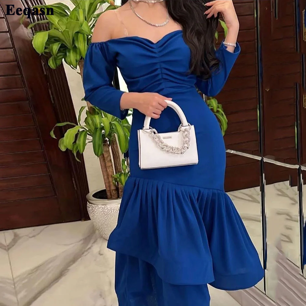 

Eeqasn Mermaid Saudi Arabia Midi Evening Dresses Royal Blue Matte Satin Long Sleeves Women Prom Dress Pleats Formal Party Gowns