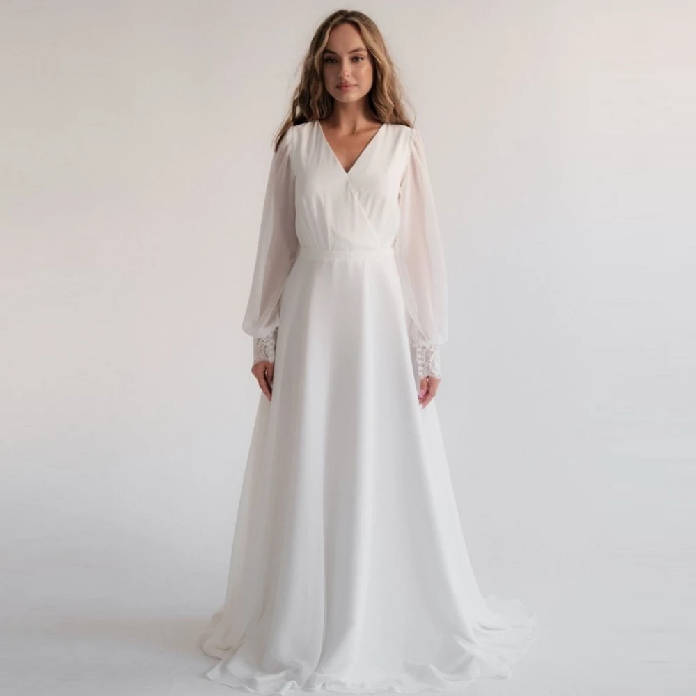 

SONDR Open Back Ivory V-Neck Wedding Dresses Gown Puff Sleeves Chiffon Stylish Brides Vestido De Noiva Women Bridal Dresses