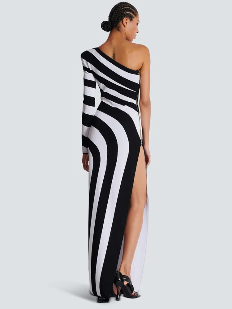 Women Celebrity Sexy One Shoulder Striped Jacquard Maxi Long Split Bodycon Bandage Dress 2024 Evening Club Party Luxury Wrap