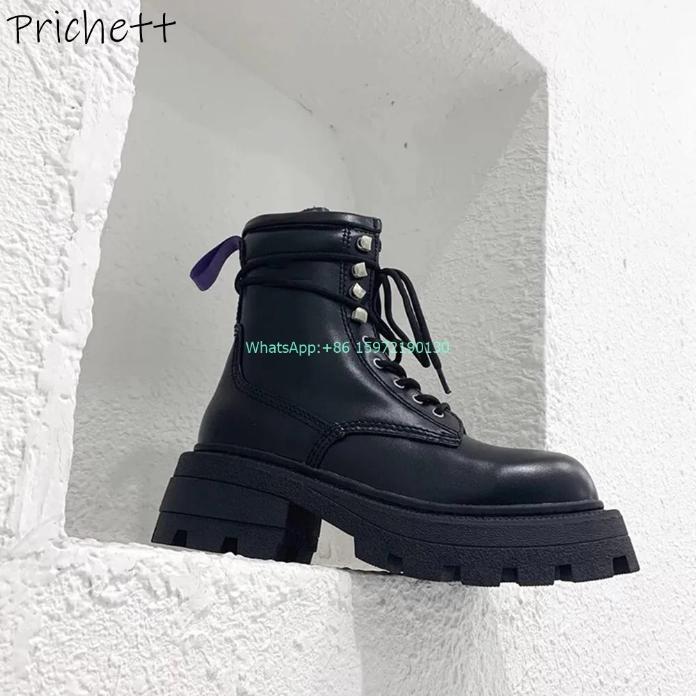 

Punk Square Toe Ankle Boots Thick Soled Sewing Cross Tied Solid Black Shoes Women's British Style All Match Fashion Shoes