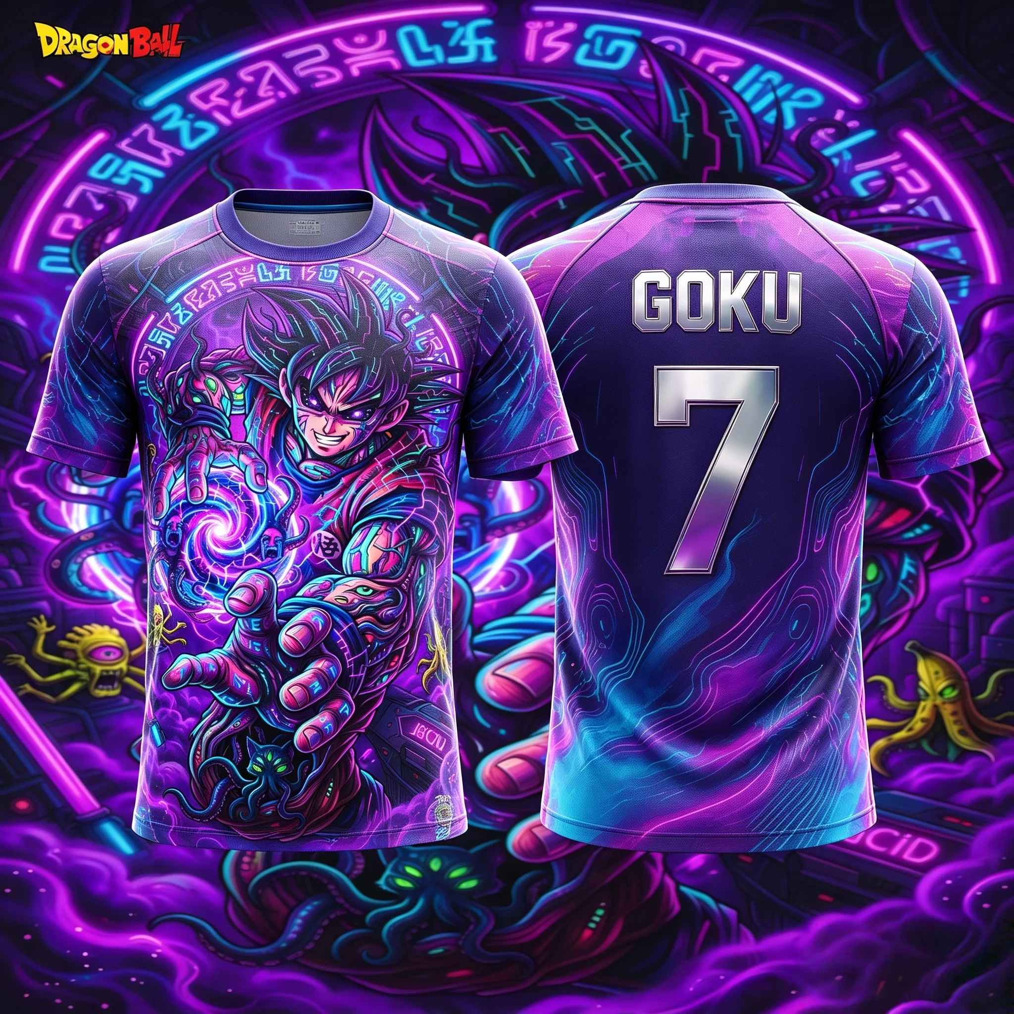 Dragon Ball Cyberpunk Goku No7 Lila Neon Oktopus-Print Herren Fußballtrikot Schnelltrocknend Anime Atmungsaktives Sport-T-Shirt