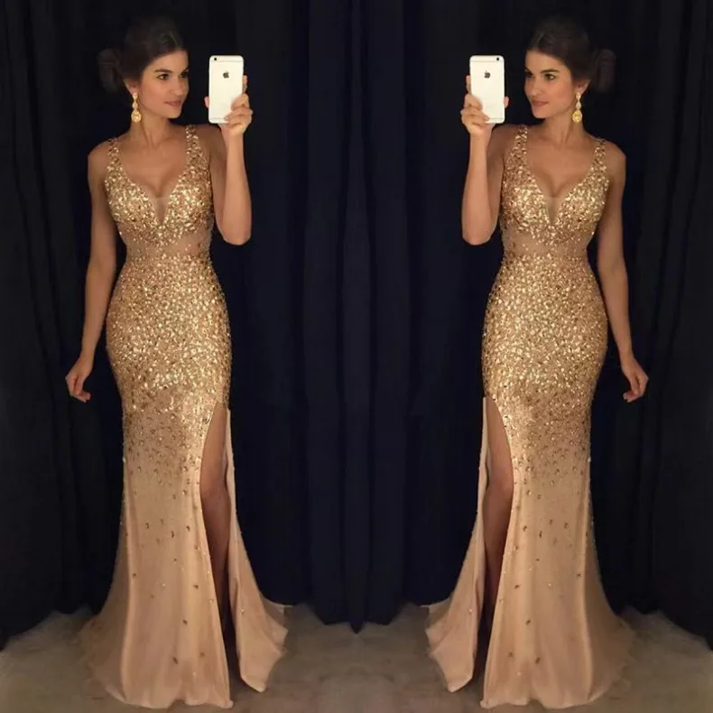 V-Ausschnitt, plissiertes, geschlitztes, heißgeprägtes, figurbetontes Kleid für Dinnerpartys, Pendeln, Abschlussfeiern, sexy, elegantes langes Kleid – Detail 4