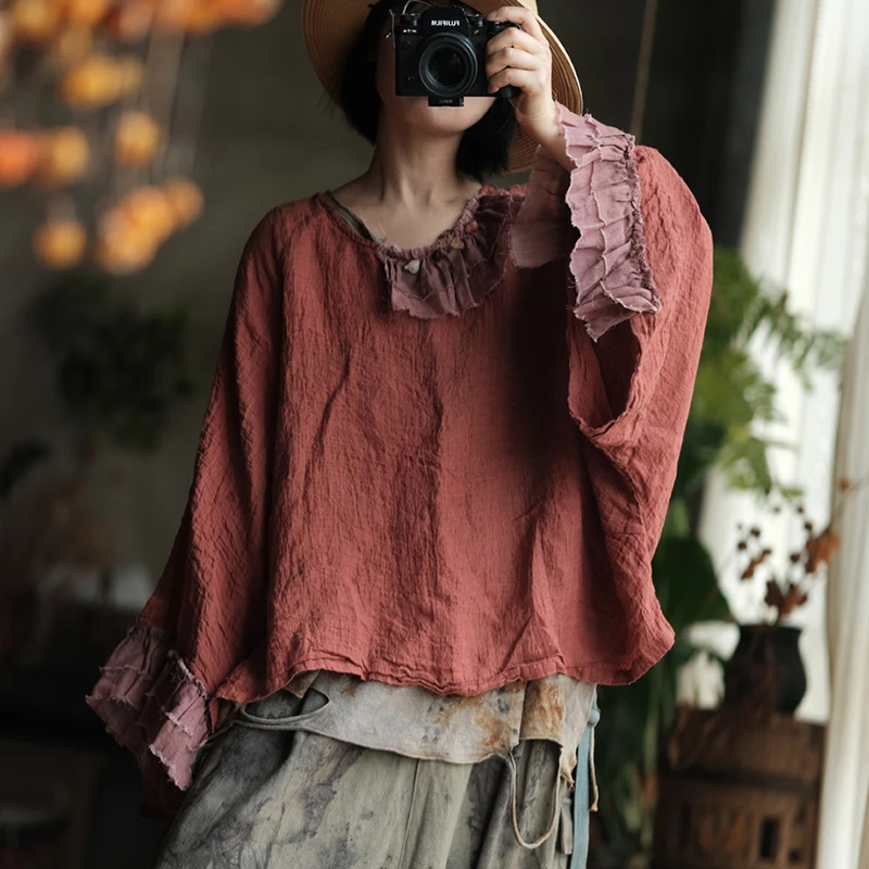 Oversized Women Casual Linen T-shirts New Arrival 2025 Spring Vintage Style O-neck Loose Female Batwing Sleeve Tops Tees M1560