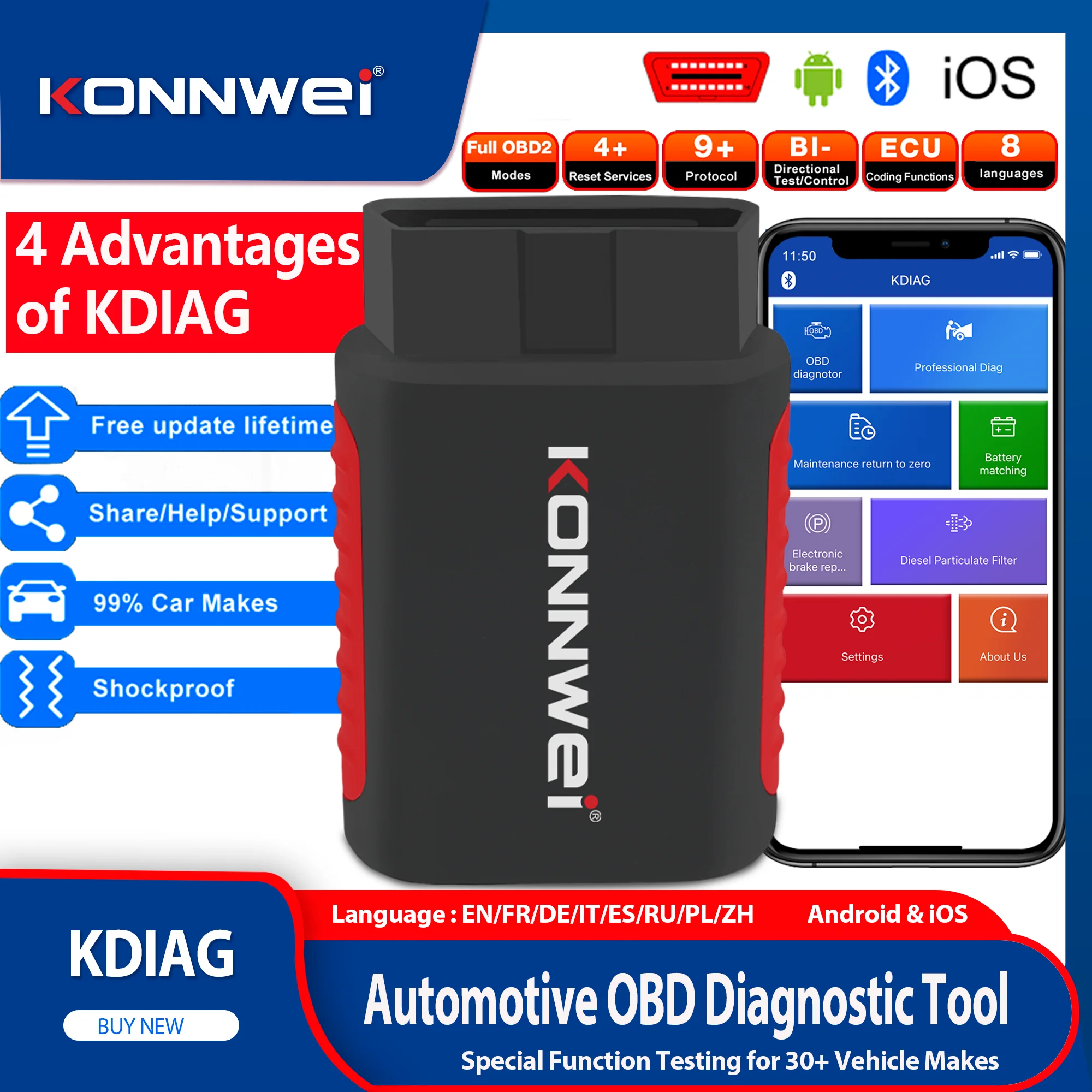 2026 KONNWEI KDIAG Car All System OBD2 Scanner Bidirectional Control Bluetooth Scan Tool with CAN-FD Protocol Read & Erase Codes
