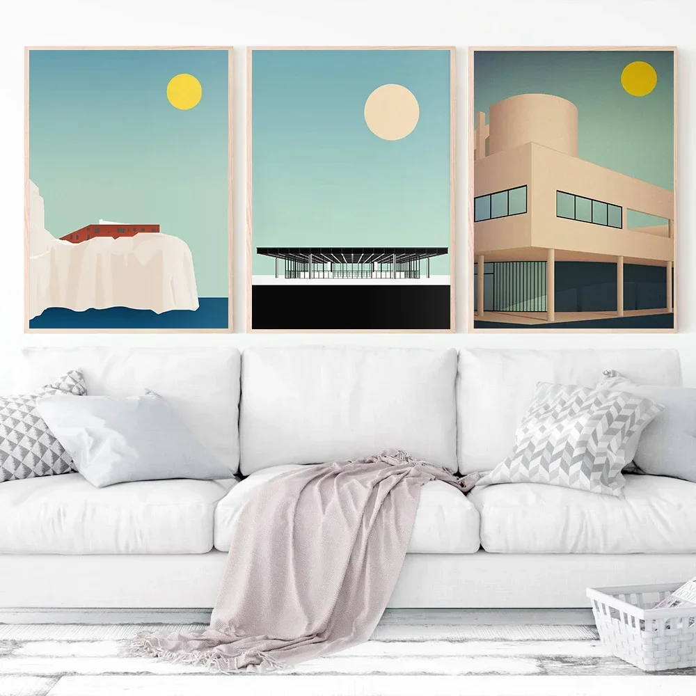 1pc frameless Canvas Painting Modern Minimalist Wall Art, Barcelona Pavilion Architecture Graphic, HD Canvas Print Poster, Home