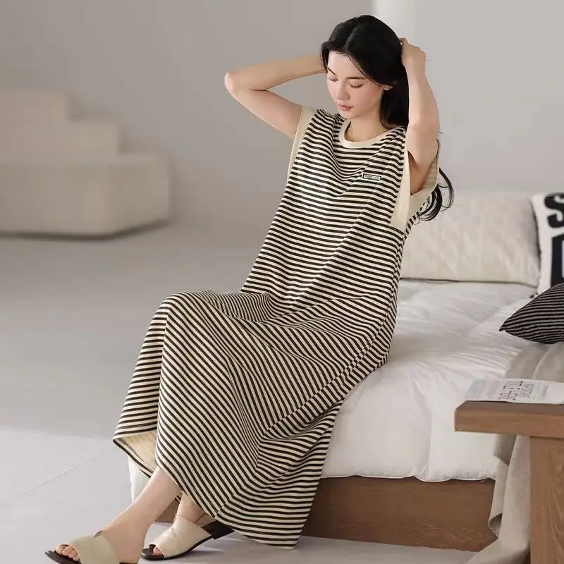 Long Striped Pajamas Nightgown for Women's Summer Home Clothes Korean Version Cute Girls New Popular Dress Lady Dressing Gown
