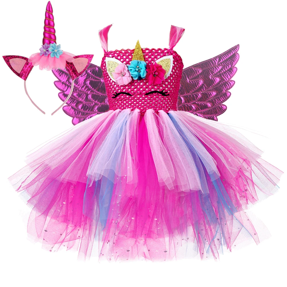 

Sparkly 3 Layers Unicorn Dresses for Girls Christmas Halloween Costumes for Kids Birthday Party Tutu Outfit with Wings Headband