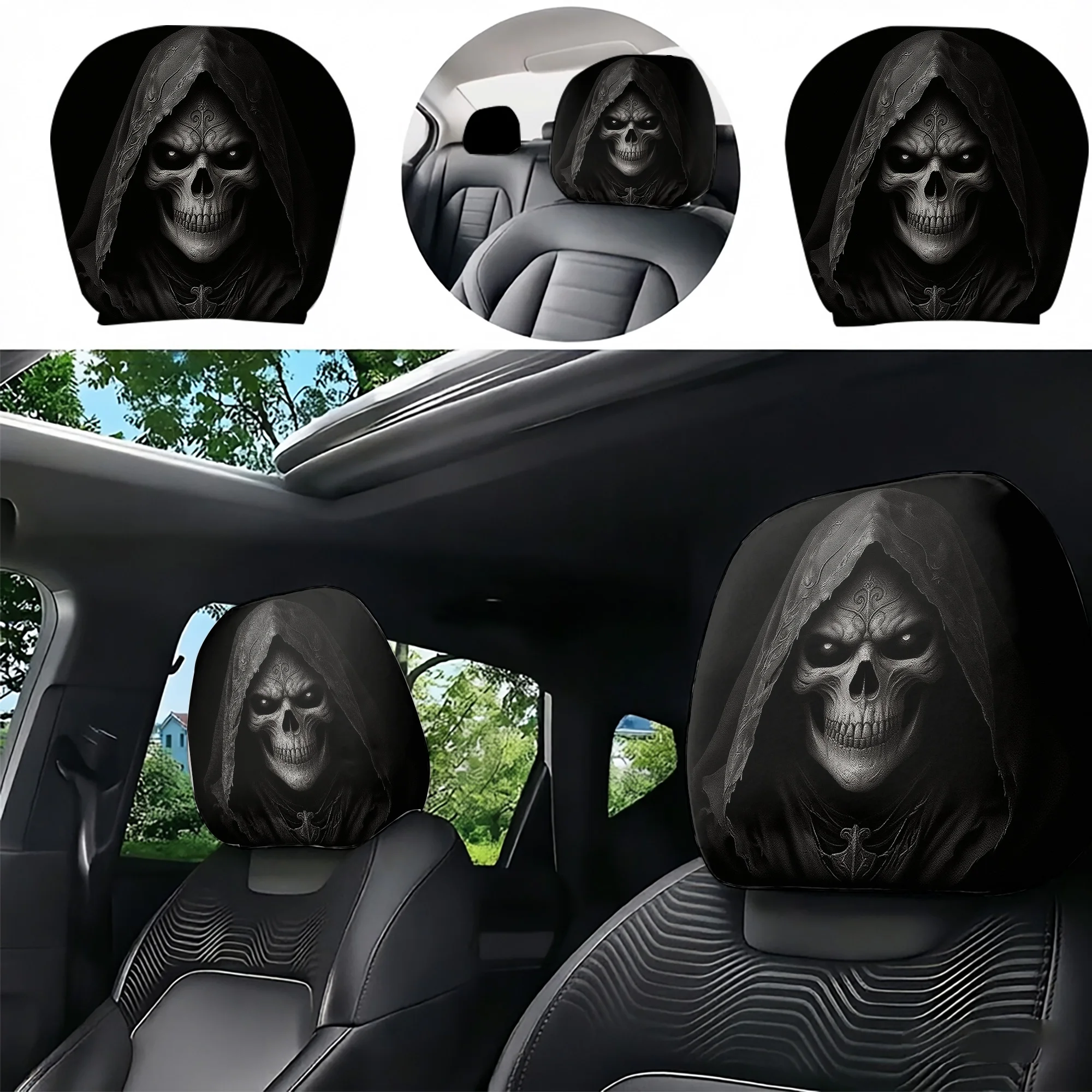 2pcs Death God-themed car headrest covers to add a dark, bold style to your car’s interior. Filling not included. Easy to instal
