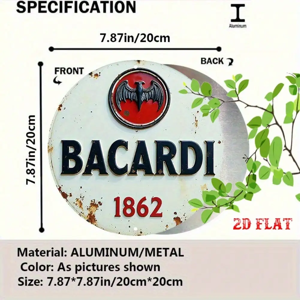 لوحة فنية جدارية معدنية عتيقة من Bacardi مقاس 7.87 بوصة من الألومنيوم الريفي لديكور المنزل والبار والمقهى
