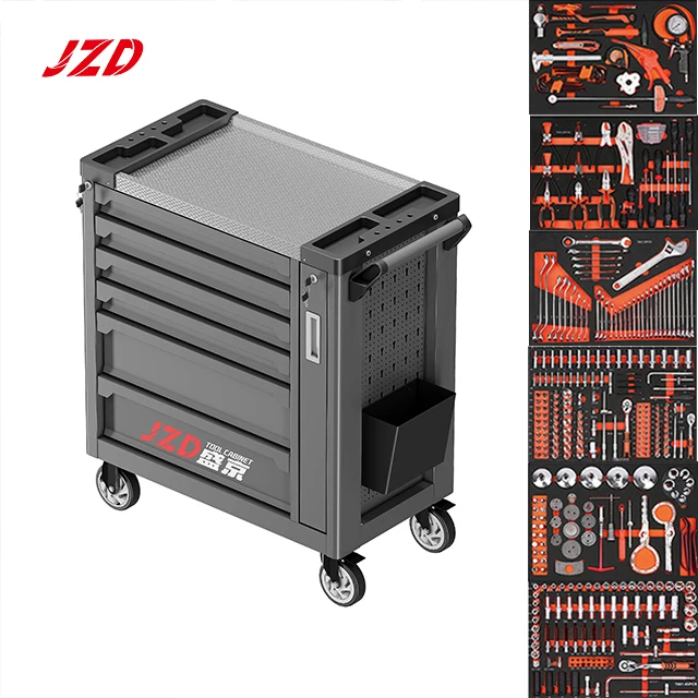 JZD Tool Chest with 500-Piece Set, Storage Box on Rolling Trolley, and Industrial Cabinet.