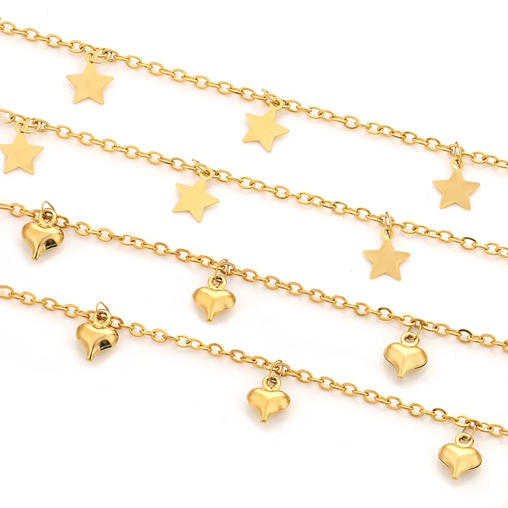Оптовая продажа, 1 м/лот, PVD позолоченная звезда, сердце, звено ручной работы, браслет, ожерелье, цепочка для изготовления ювелирных изделий из нержавеющей стали