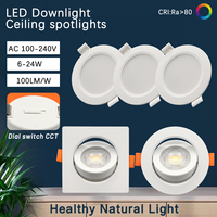 6pcs Recessed Round Square Dial Swich CCT LED Spot Downlight 6W 20W AC100-240V 3000K 4000K 6500K Ceiling Light for Foyer Home