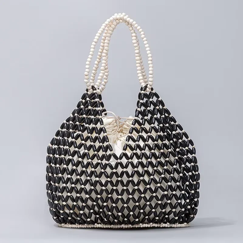 

Simple Casual Handwoven Wooden Bead Handbag New Retro Versatile Summer Vacation Handheld Women's Shoulder Bags Water Bucket Bag
