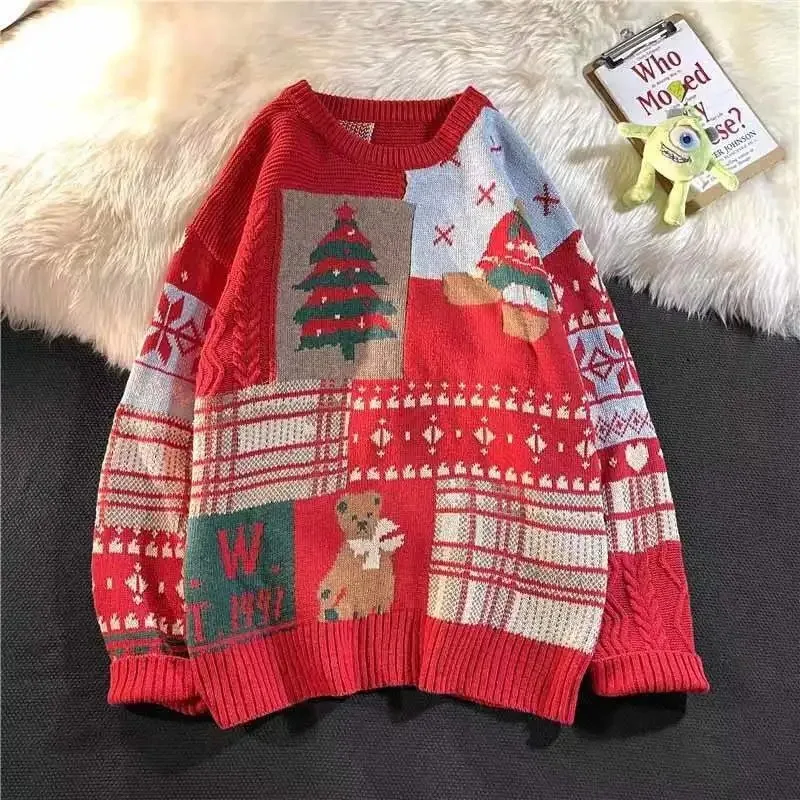 American Retro Lazy Patchwork Sweater, Casaco Versátil, Casaco Solto, Tops da Moda para Mulheres, Natal, Personalidade, Y2K