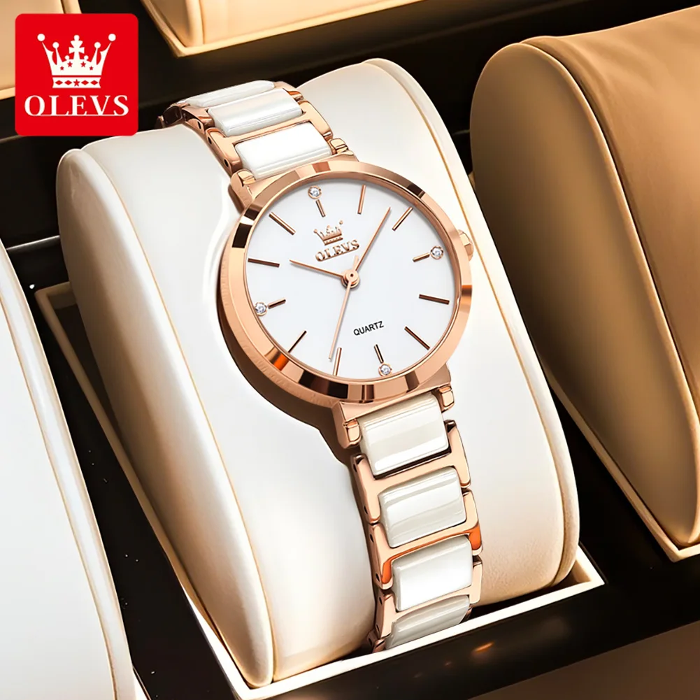 OLEVS 5877 Japan Quartz Movement Woman Watch Simple Elegant Luxury Rose Gold Ceramics Strap Waterproof Ladies Dress Wristwatch