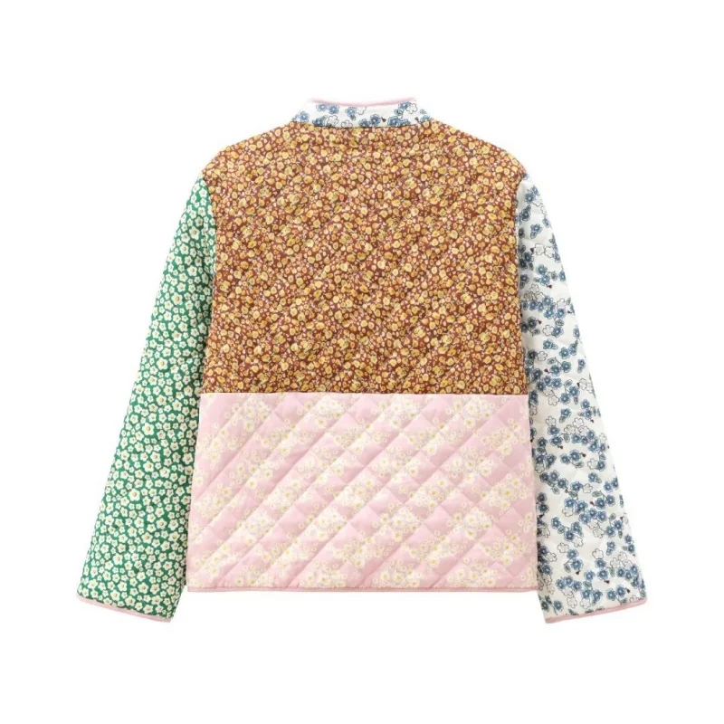 Casaco feminino de algodão com patchwork multicolorido, gola alta, bolsos laterais, manga comprida, para passeio e compras, moda outono-inverno.